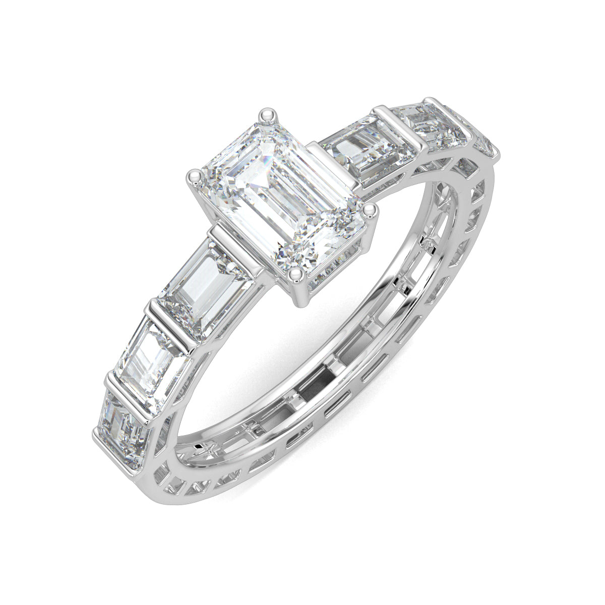 White Gold, Diamond Ring, Natural diamond ring, Lab-grown diamond ring, emerald solitaire ring, eternity band, gallery-normal band, baguette diamonds, luxury jewelry, special occasion ring, emerald dreamscape band, elegant ring.