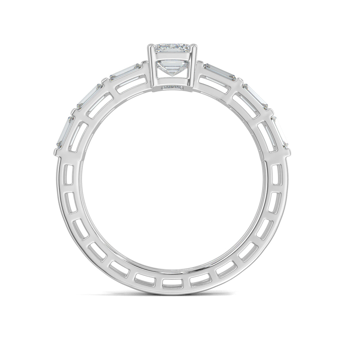 White Gold, Diamond Ring, Natural diamond ring, Lab-grown diamond ring, emerald solitaire ring, eternity band, gallery-normal band, baguette diamonds, luxury jewelry, special occasion ring, emerald dreamscape band, elegant ring.