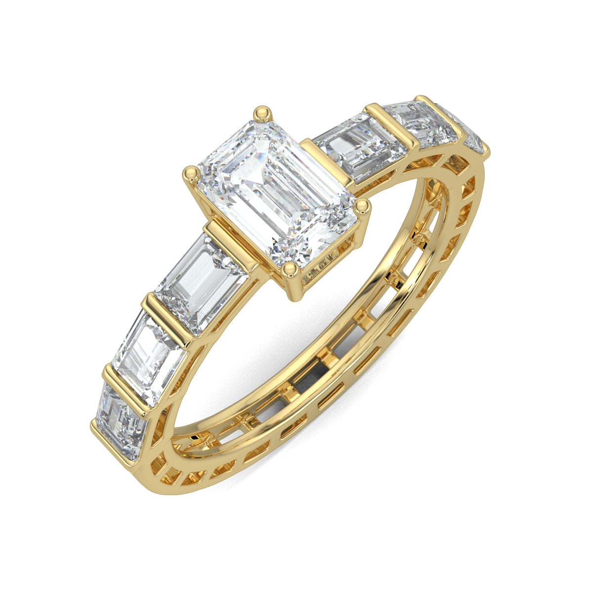 Yellow Gold, Diamond Ring, Natural diamond ring, Lab-grown diamond ring, emerald solitaire ring, eternity band, gallery-normal band, baguette diamonds, luxury jewelry, special occasion ring, emerald dreamscape band, elegant ring.