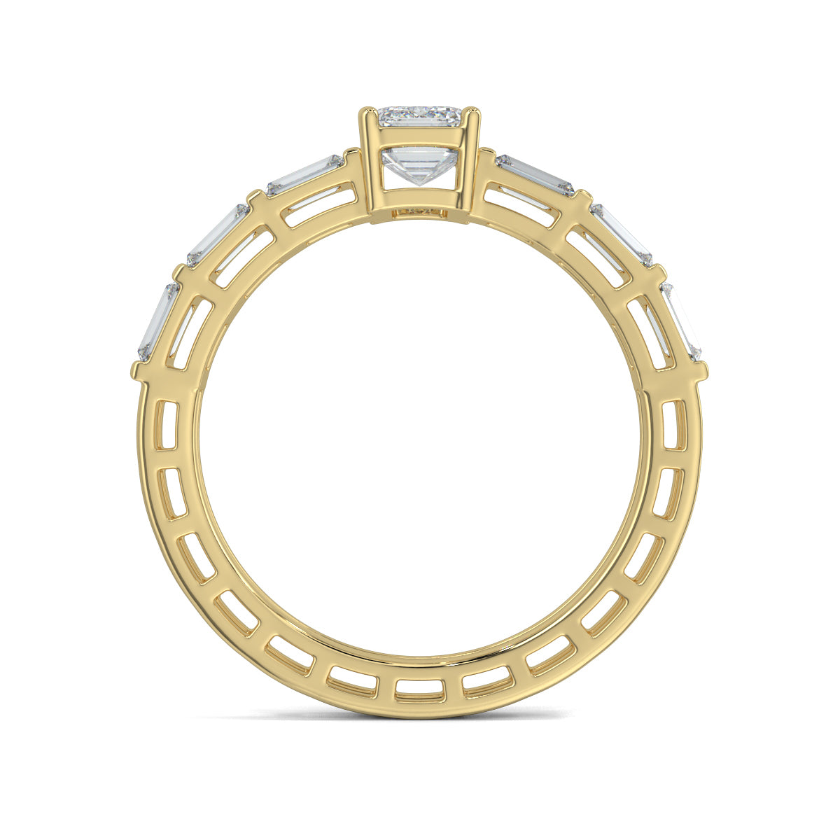 Yellow Gold, Diamond Ring, Natural diamond ring, Lab-grown diamond ring, emerald solitaire ring, eternity band, gallery-normal band, baguette diamonds, luxury jewelry, special occasion ring, emerald dreamscape band, elegant ring.