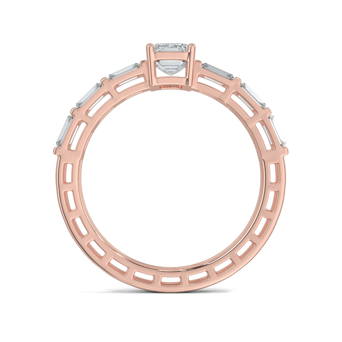 Rose Gold, Diamond Ring, Natural diamond ring, Lab-grown diamond ring, emerald solitaire ring, eternity band, gallery-normal band, baguette diamonds, luxury jewelry, special occasion ring, emerald dreamscape band, elegant ring.