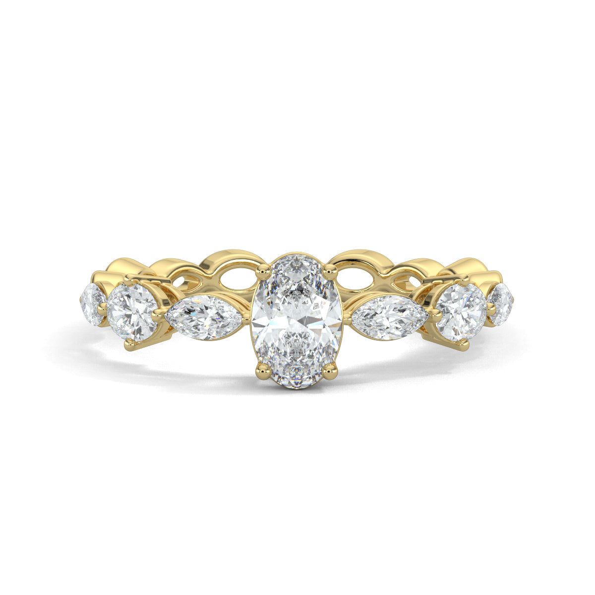 Yellow Gold, Diamond Ring, Solstice Spectra eternity band, natural diamond band, Lab-grown diamond band, Oval solitaire ring, Marquise diamond accents, Accent band ring, Diamond jewelry