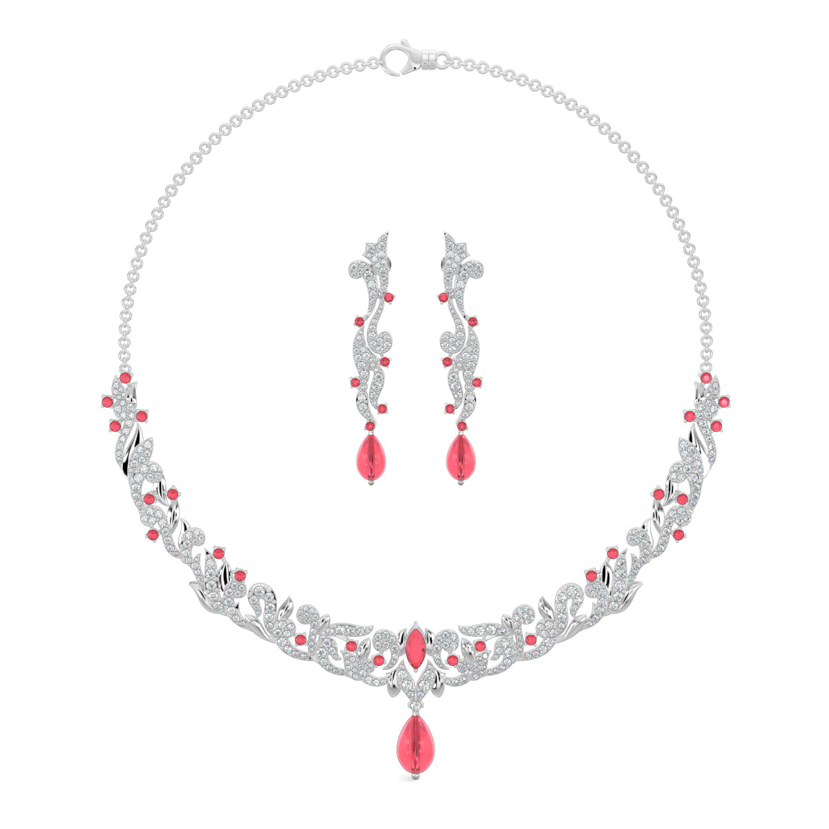 White Gold, Diamond Necklace, Natural Diamonds, Lab-grown Diamonds, Victorian Gleam Necklace Set, Pear-Shaped Synthetic Red Stone, Victorian inspired design, Victorian design jewellery