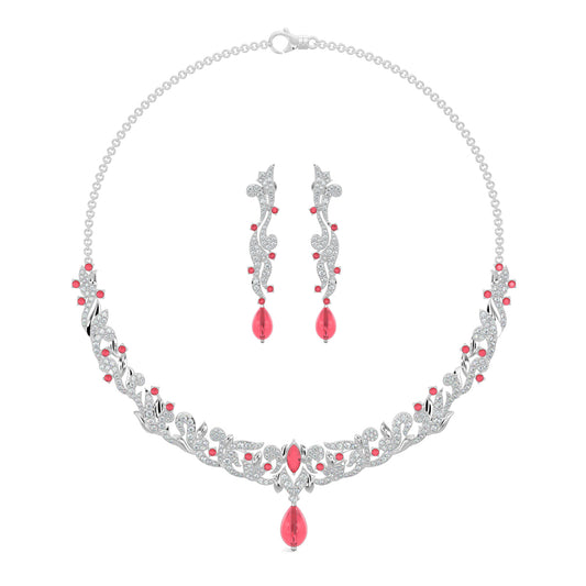 White Gold, Diamond Necklace, Natural Diamonds, Lab-grown Diamonds, Victorian Gleam Necklace Set, Pear-Shaped Synthetic Red Stone, Victorian inspired design, Victorian design jewellery