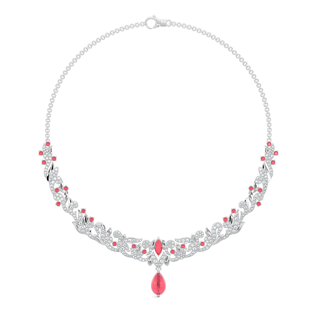 White Gold, Diamond Necklace, Natural Diamonds, Lab-grown Diamonds, Victorian Gleam Necklace Set, Pear-Shaped Synthetic Red Stone, Victorian inspired design, Victorian design jewellery