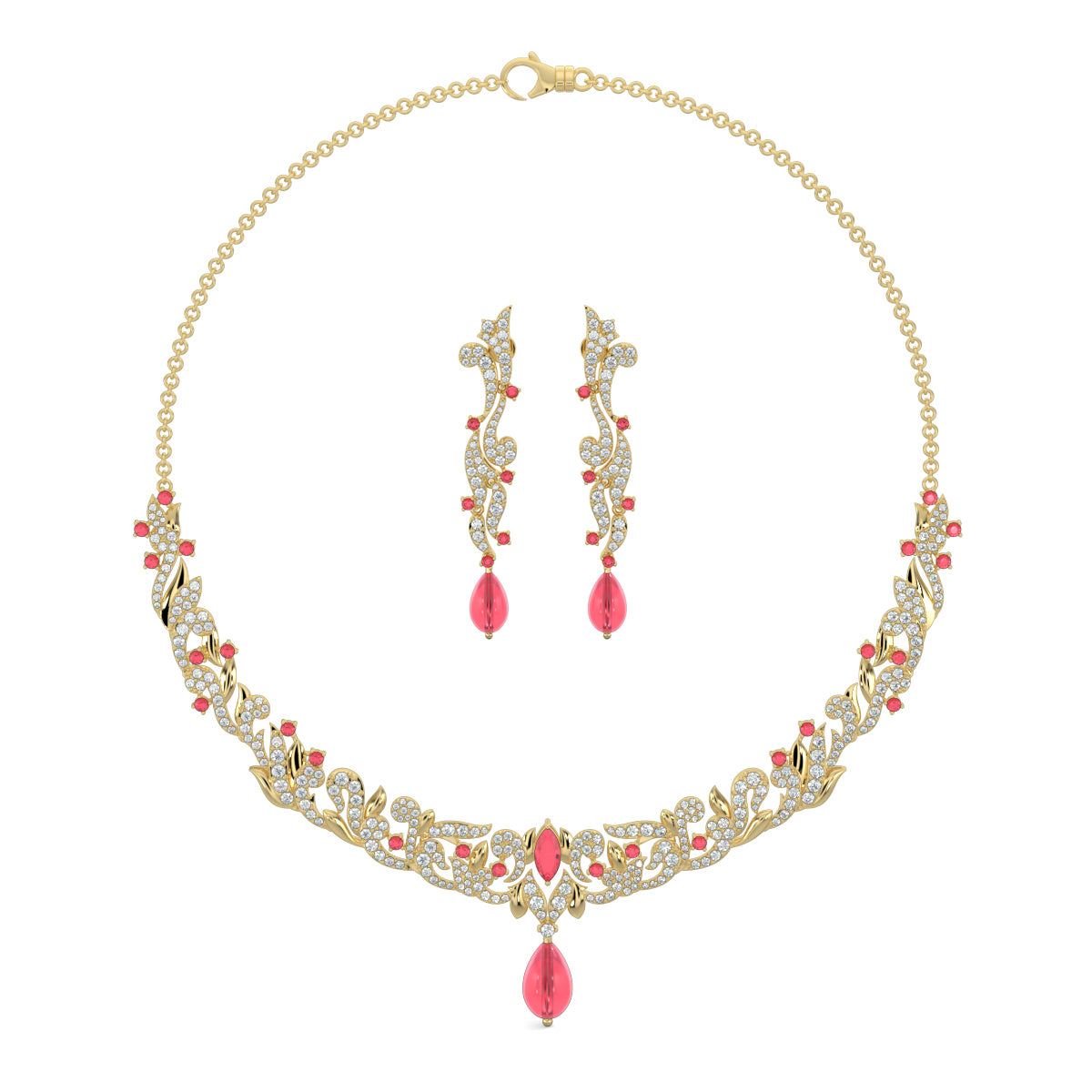 Yellow Gold, Diamond Necklace, Natural Diamonds, Lab-grown Diamonds, Victorian Gleam Necklace Set, Pear-Shaped Synthetic Red Stone, Victorian inspired design, Victorian design jewellery
