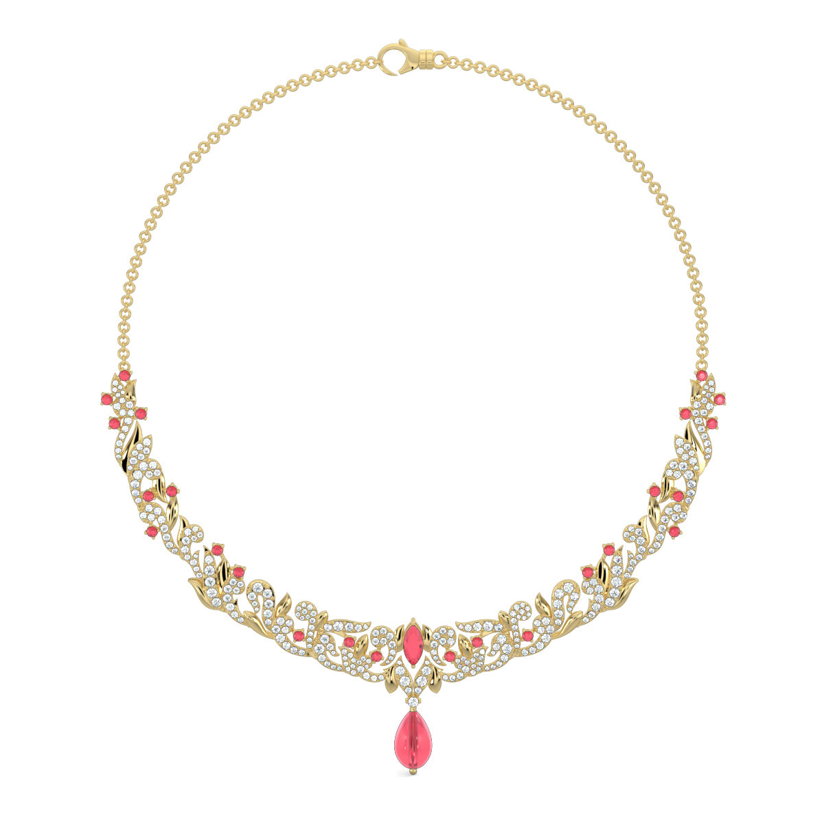 Yellow Gold, Diamond Necklace, Natural Diamonds, Lab-grown Diamonds, Victorian Gleam Necklace Set, Pear-Shaped Synthetic Red Stone, Victorian inspired design, Victorian design jewellery
