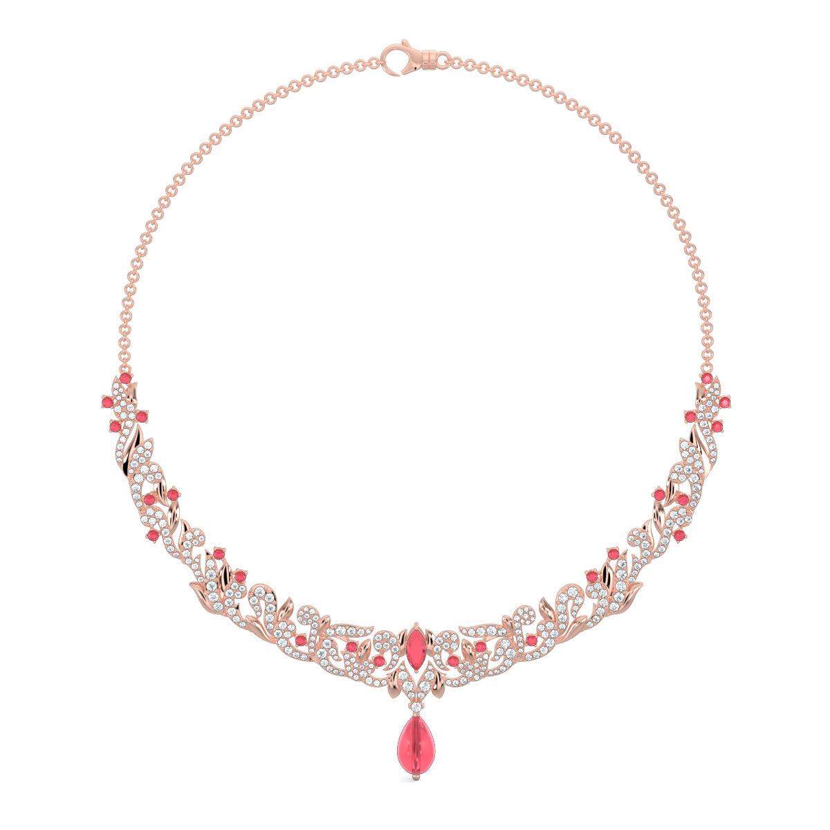 Rose Gold, Diamond Necklace, Natural Diamonds, Lab-grown Diamonds, Victorian Gleam Necklace Set, Pear-Shaped Synthetic Red Stone, Victorian inspired design, Victorian design jewellery