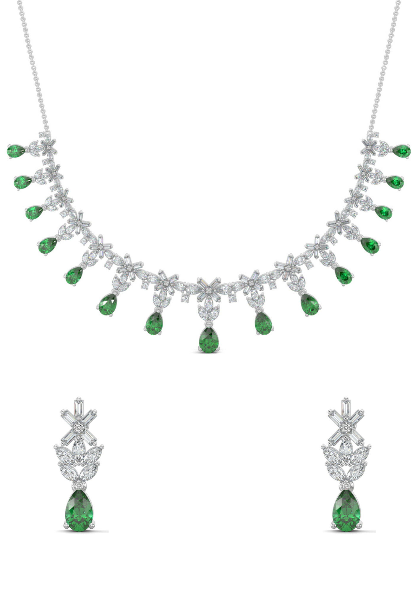 White Gold, Diamond Necklace, Natural diamond necklace, Lab-grown diamond necklace, emerald and diamond necklace, Harry Winston-inspired necklace, casual diamond jewelry, diamond necklace earring set, Elegant Diamond Necklace Set