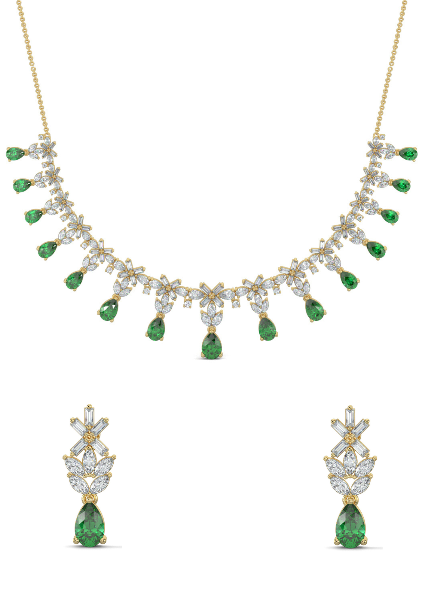 Yellow Gold, Diamond Necklace, Natural diamond necklace, Lab-grown diamond necklace, emerald and diamond necklace, Harry Winston-inspired necklace, casual diamond jewelry, diamond necklace earring set, Elegant Diamond Necklace Set