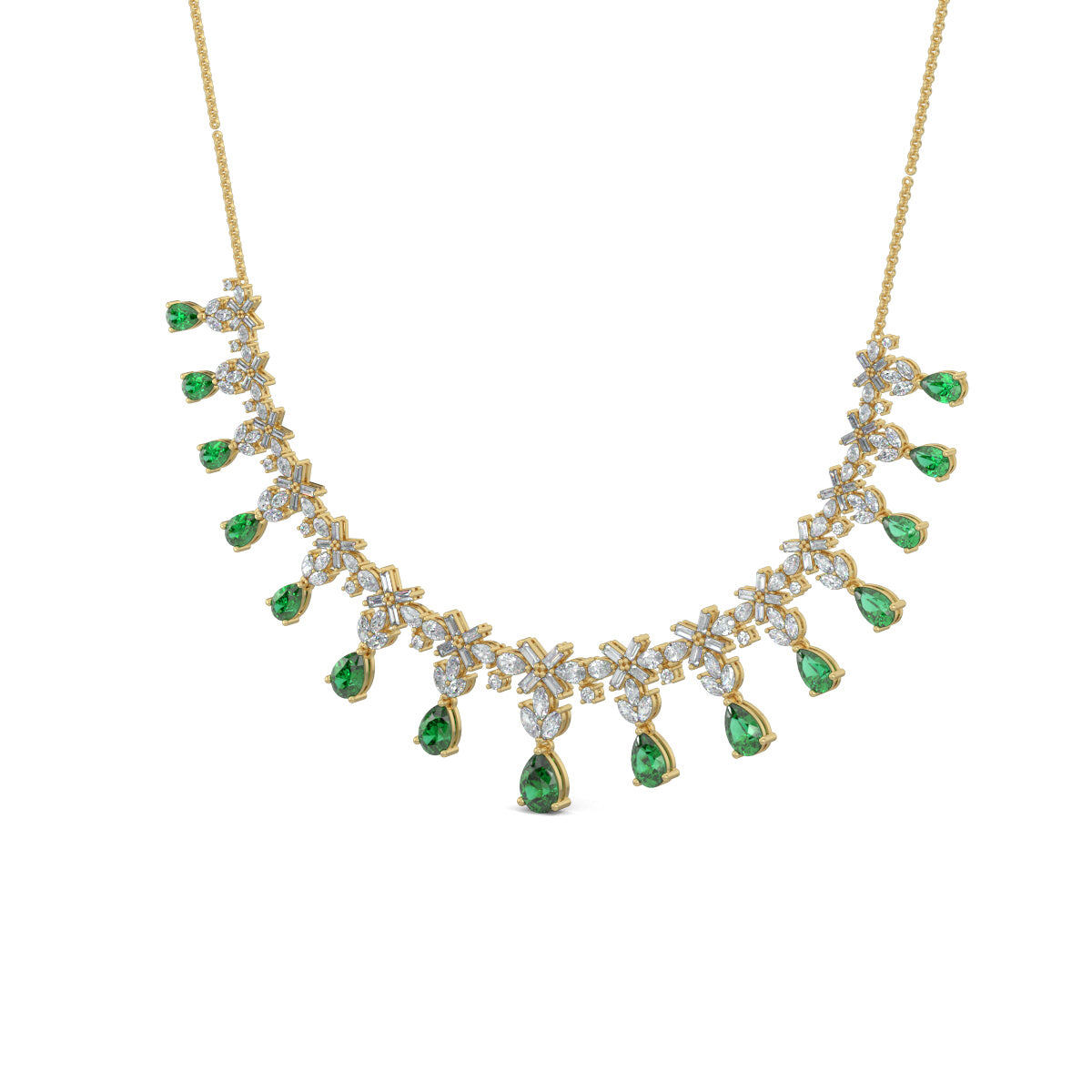 Yellow Gold, Diamond Necklace, Natural diamond necklace, Lab-grown diamond necklace, emerald and diamond necklace, Harry Winston-inspired necklace, casual diamond jewelry, diamond necklace earring set, Elegant Diamond Necklace Set
