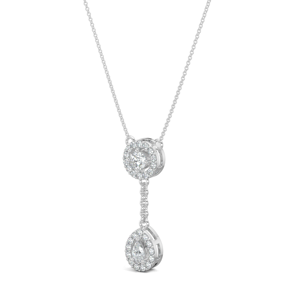 White Gold, Diamond Pendants, Natural diamond pendant, Lab-grown diamond pendant, casual pendant, id length pendant, circular border, round diamond, halo setting, drop-shaped border, pear diamond, delicate chain, elegant pendant.