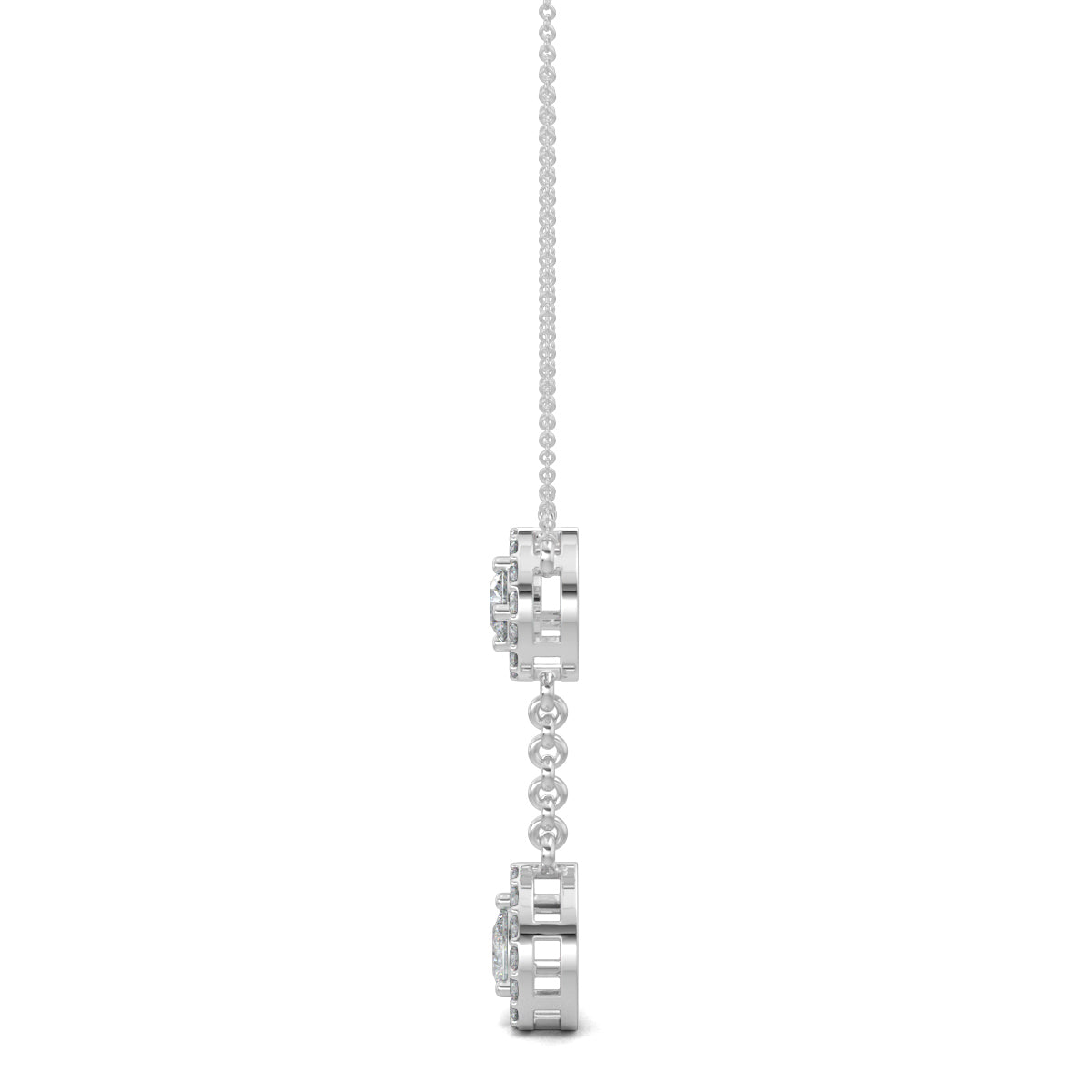 White Gold, Diamond Pendants, Natural diamond pendant, Lab-grown diamond pendant, casual pendant, id length pendant, circular border, round diamond, halo setting, drop-shaped border, pear diamond, delicate chain, elegant pendant.