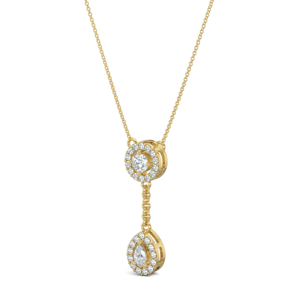 Yellow Gold, Diamond Pendants, Natural diamond pendant, Lab-grown diamond pendant, casual pendant, id length pendant, circular border, round diamond, halo setting, drop-shaped border, pear diamond, delicate chain, elegant pendant.