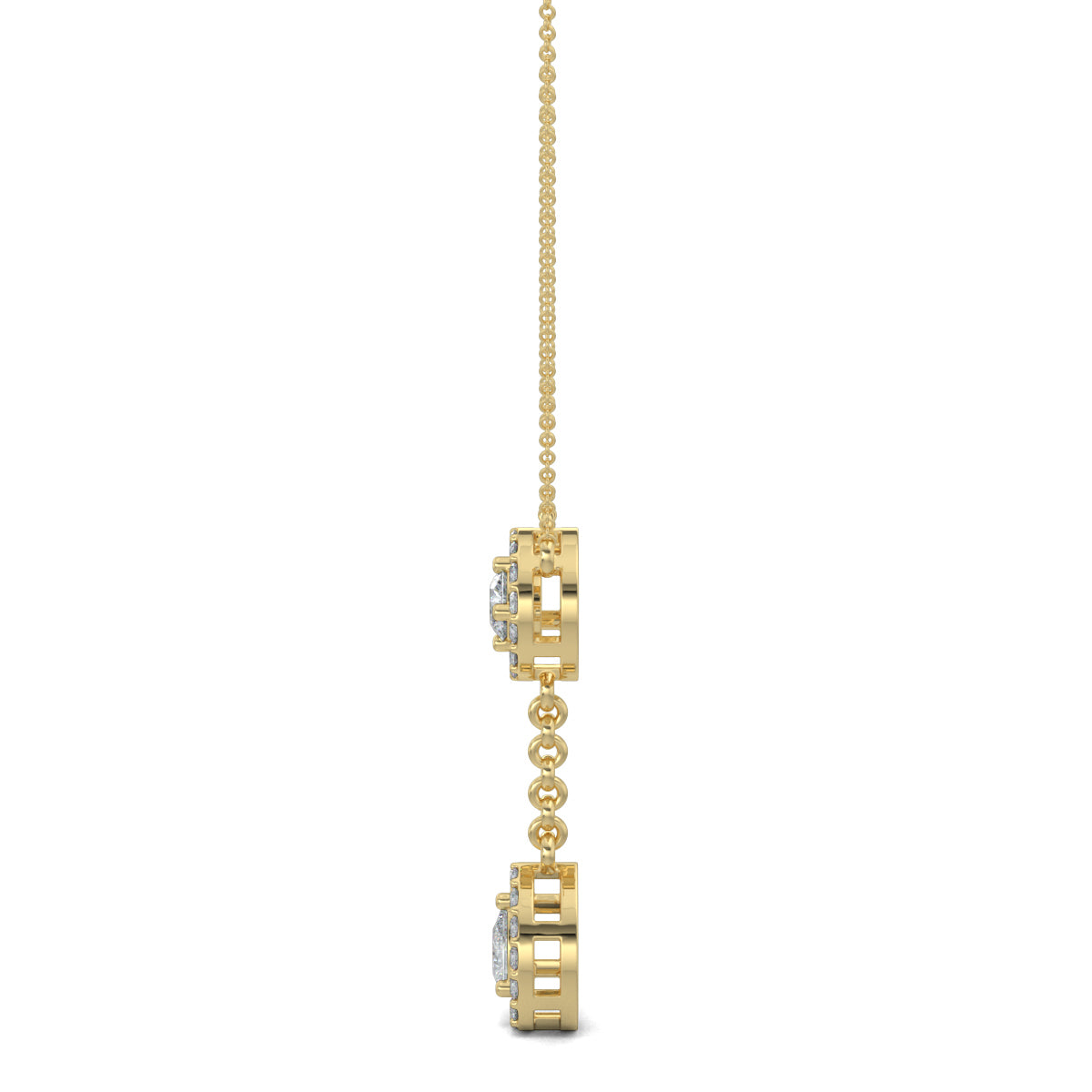 Yellow Gold, Diamond Pendants, Natural diamond pendant, Lab-grown diamond pendant, casual pendant, id length pendant, circular border, round diamond, halo setting, drop-shaped border, pear diamond, delicate chain, elegant pendant.