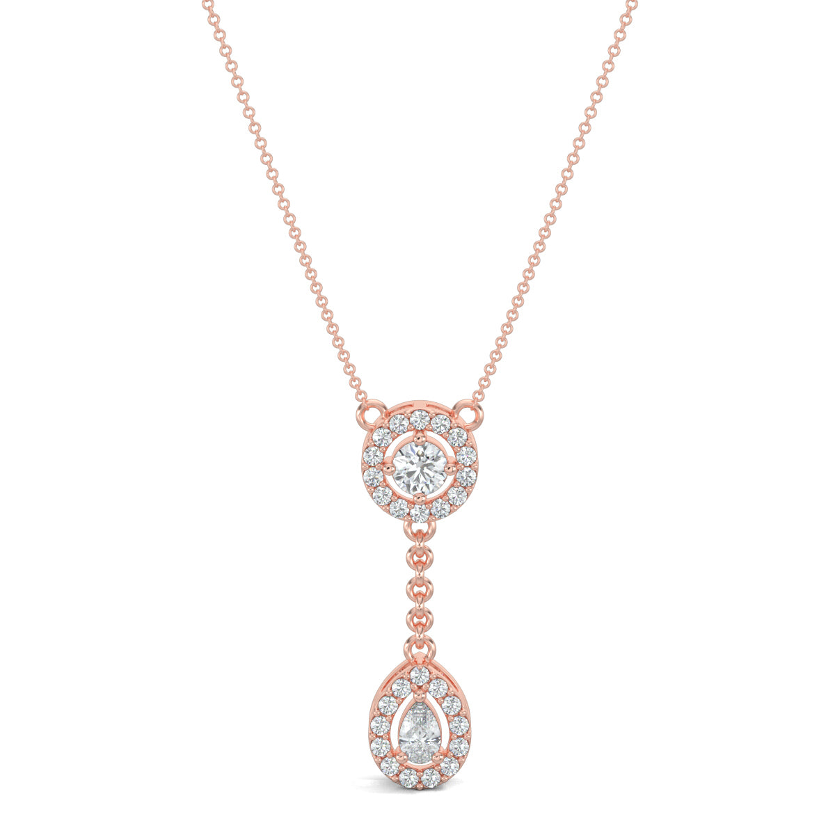 Rose Gold, Diamond Pendants, Natural diamond pendant, Lab-grown diamond pendant, casual pendant, id length pendant, circular border, round diamond, halo setting, drop-shaped border, pear diamond, delicate chain, elegant pendant.