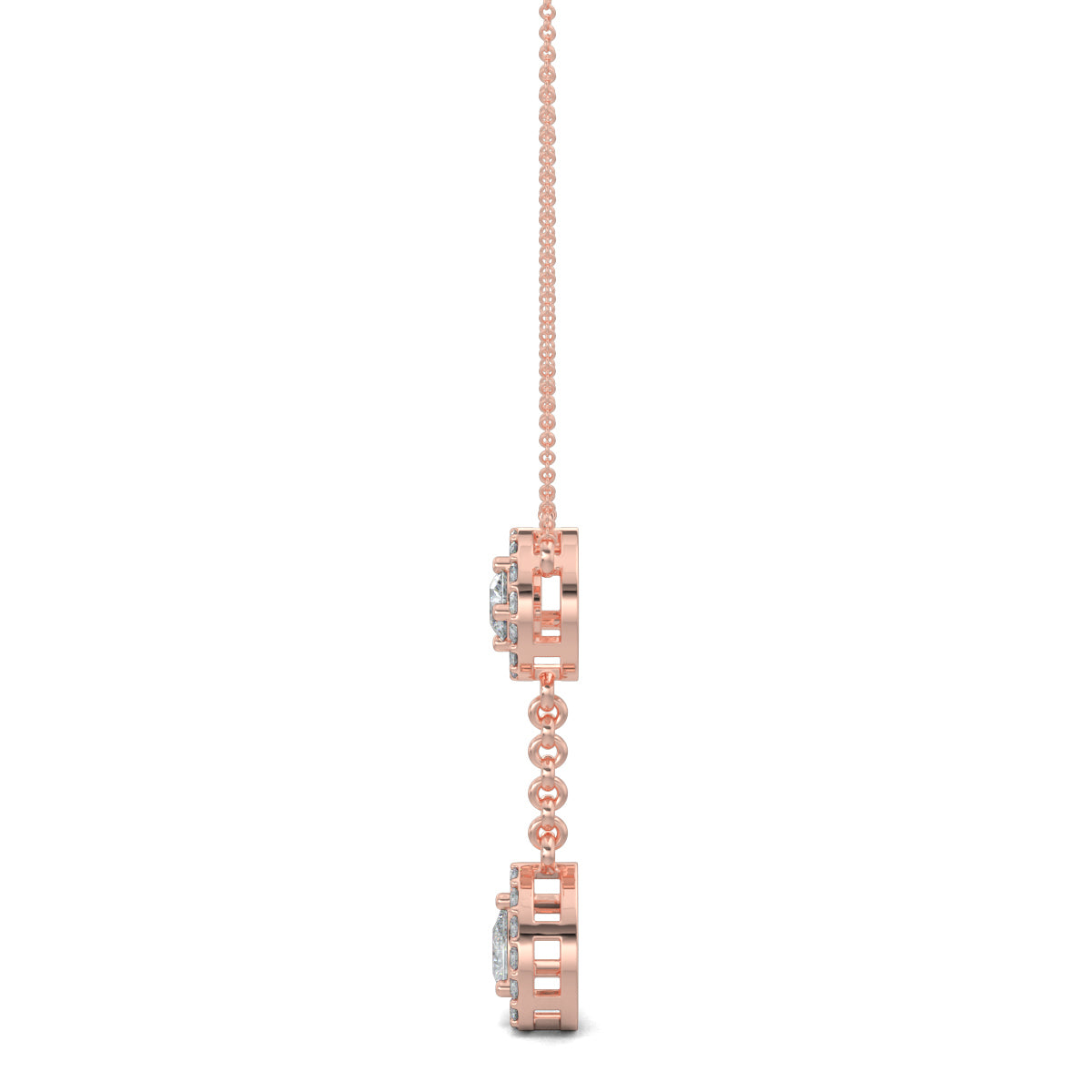 Rose Gold, Diamond Pendants, Natural diamond pendant, Lab-grown diamond pendant, casual pendant, id length pendant, circular border, round diamond, halo setting, drop-shaped border, pear diamond, delicate chain, elegant pendant.