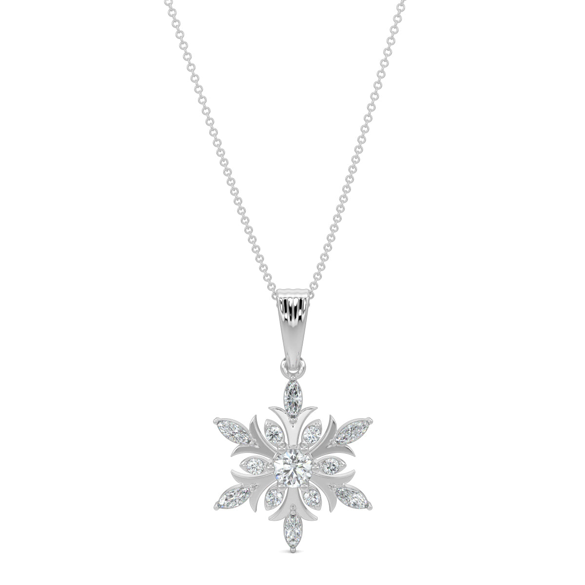 White Gold, Diamond Pendants, Natural diamond pendant, Lab-grown diamond pendant, frostflake pendant, marquise diamond, round diamond, sophisticated jewelry, diamond necklace, winter-inspired pendant, elegant accessory