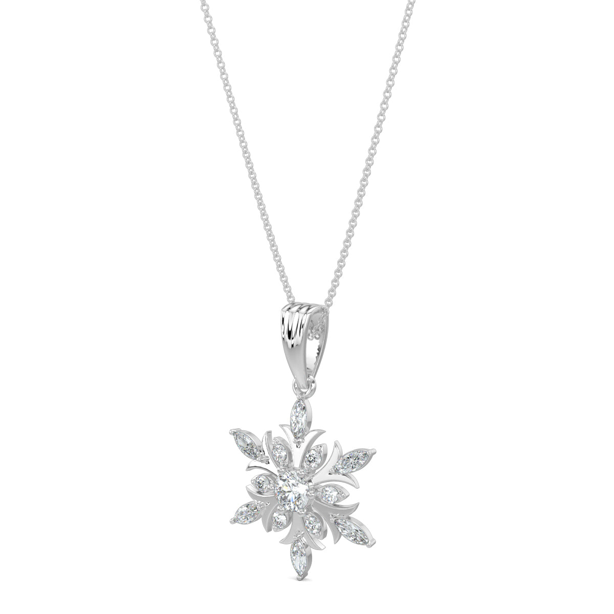 White Gold, Diamond Pendants, Natural diamond pendant, Lab-grown diamond pendant, frostflake pendant, marquise diamond, round diamond, sophisticated jewelry, diamond necklace, winter-inspired pendant, elegant accessory