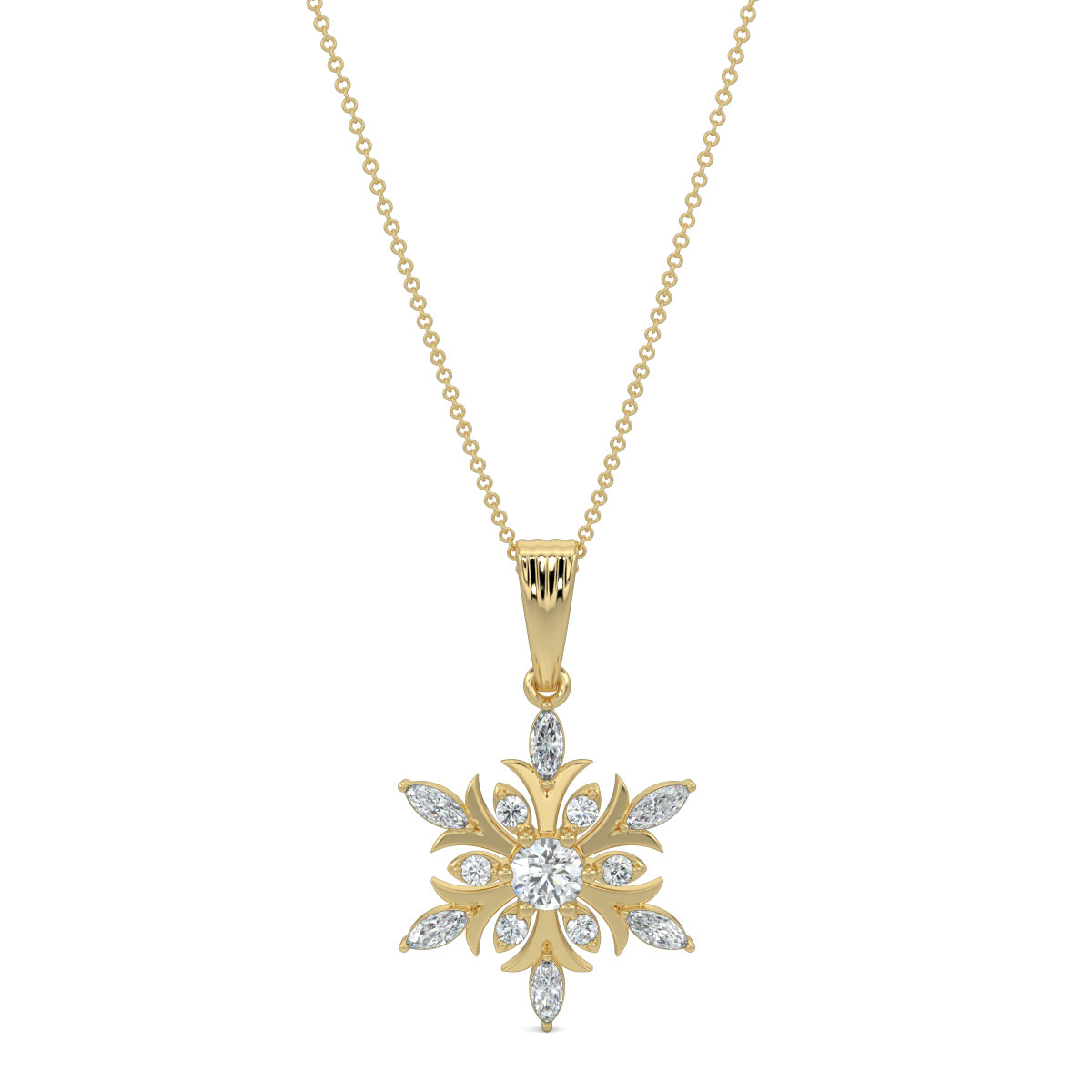 Yellow Gold, Diamond Pendants, Natural diamond pendant, Lab-grown diamond pendant, frostflake pendant, marquise diamond, round diamond, sophisticated jewelry, diamond necklace, winter-inspired pendant, elegant accessory