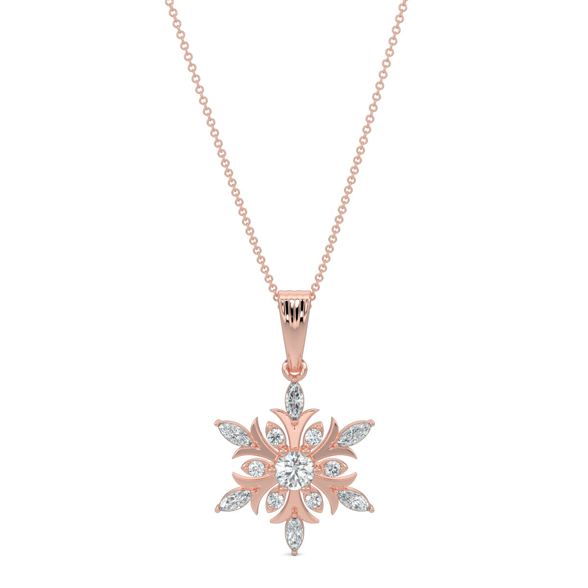 Rose Gold, Diamond Pendants, Natural diamond pendant, Lab-grown diamond pendant, frostflake pendant, marquise diamond, round diamond, sophisticated jewelry, diamond necklace, winter-inspired pendant, elegant accessory