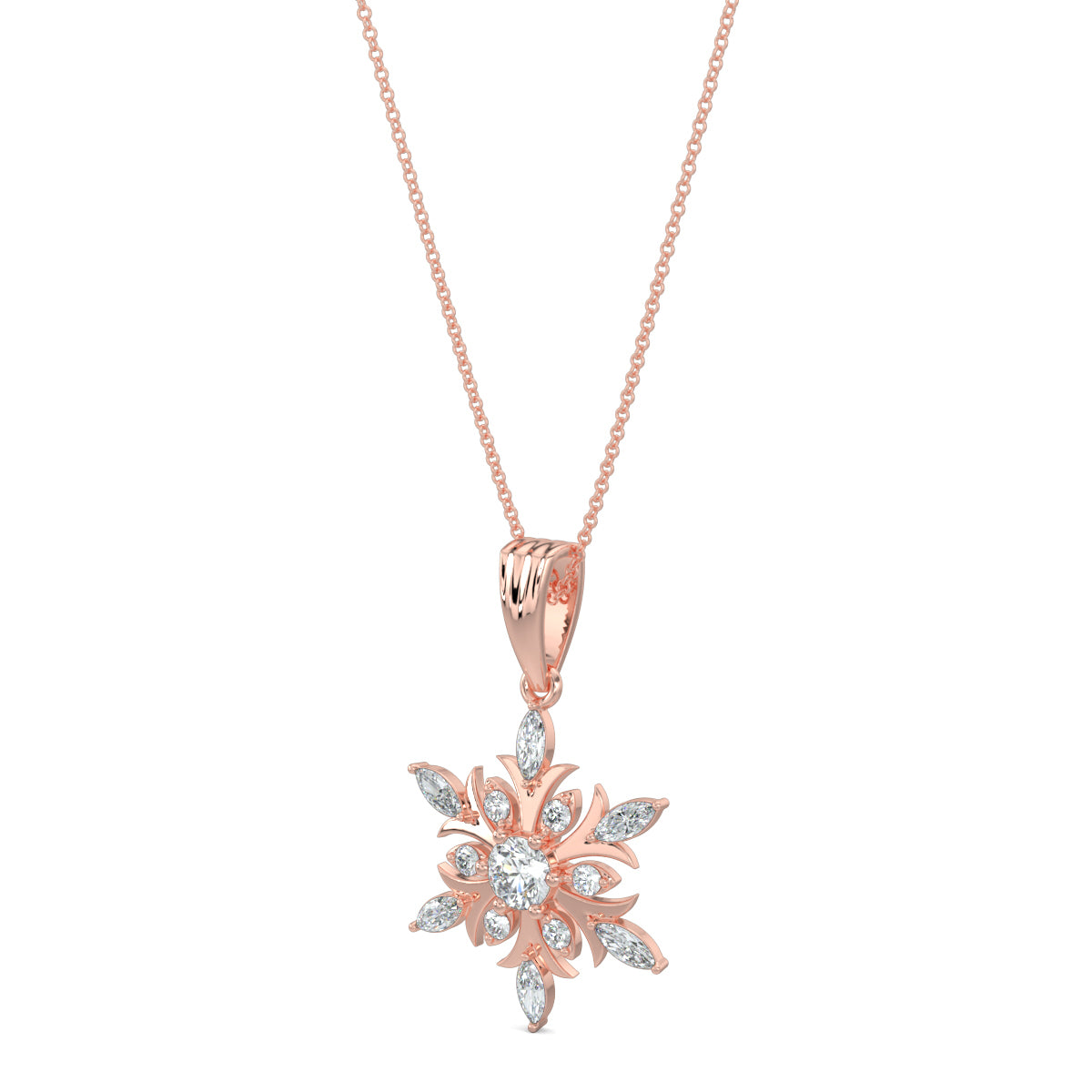Rose Gold, Diamond Pendants, Natural diamond pendant, Lab-grown diamond pendant, frostflake pendant, marquise diamond, round diamond, sophisticated jewelry, diamond necklace, winter-inspired pendant, elegant accessory