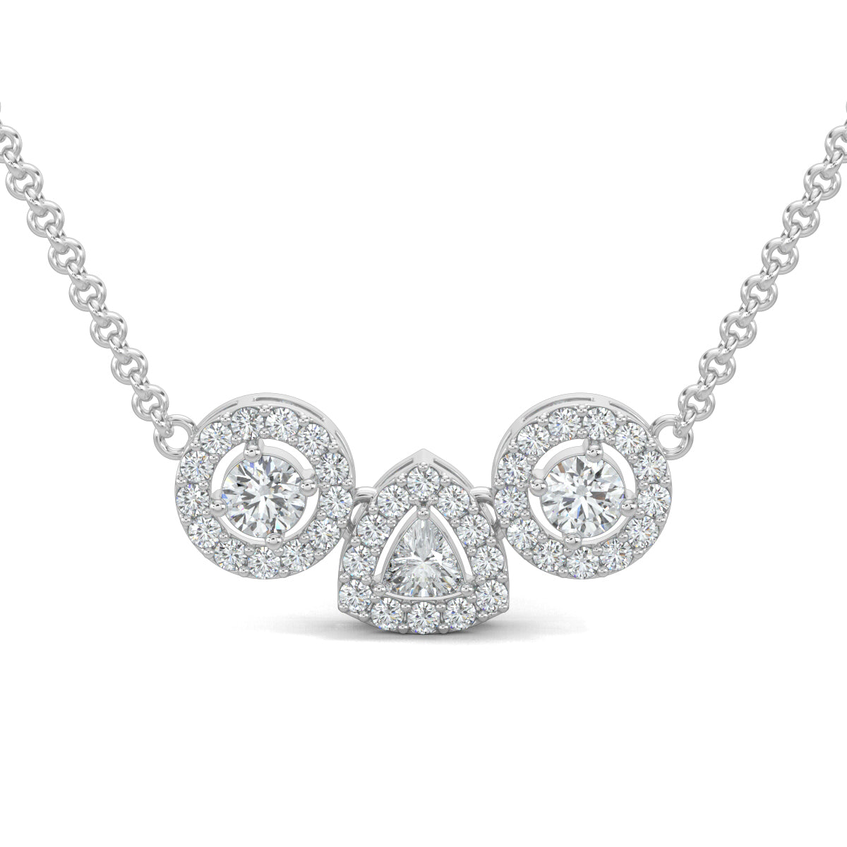 White Gold, Diamond Pendant, Natural diamond pendant, Lab-grown diamond pendant, Harmony Halo Pendant, casual pendant, pave setting diamonds, halo setting diamonds, interconnected circles, triangle pendant, everyday jewelry