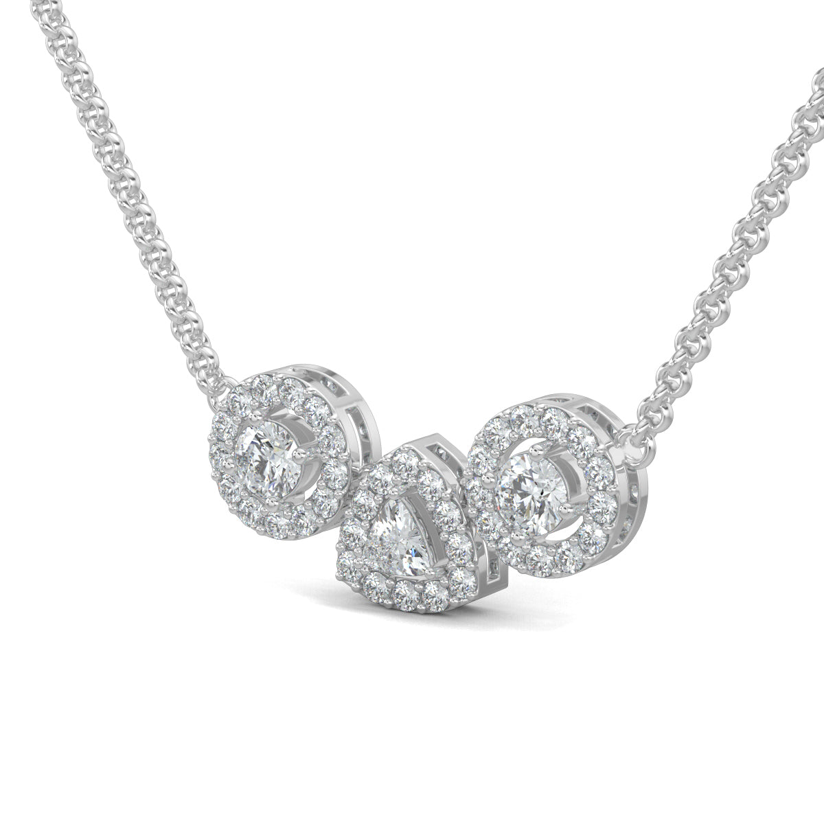 White Gold, Diamond Pendant, Natural diamond pendant, Lab-grown diamond pendant, Harmony Halo Pendant, casual pendant, pave setting diamonds, halo setting diamonds, interconnected circles, triangle pendant, everyday jewelry