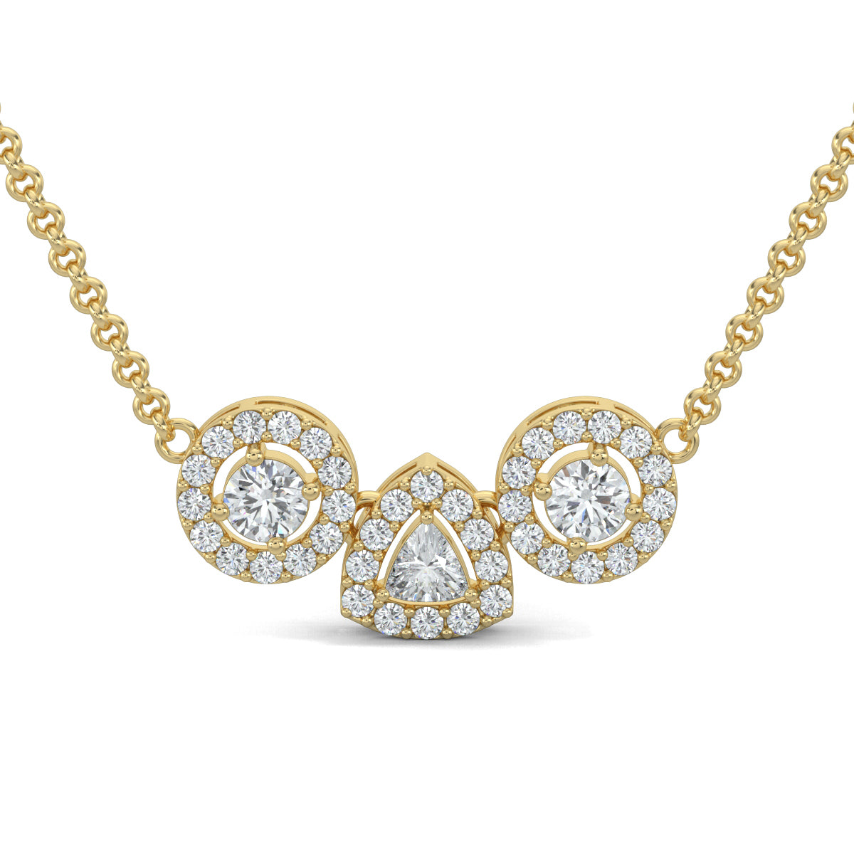 Yellow Gold, Diamond Pendant, Natural diamond pendant, Lab-grown diamond pendant, Harmony Halo Pendant, casual pendant, pave setting diamonds, halo setting diamonds, interconnected circles, triangle pendant, everyday jewelry
