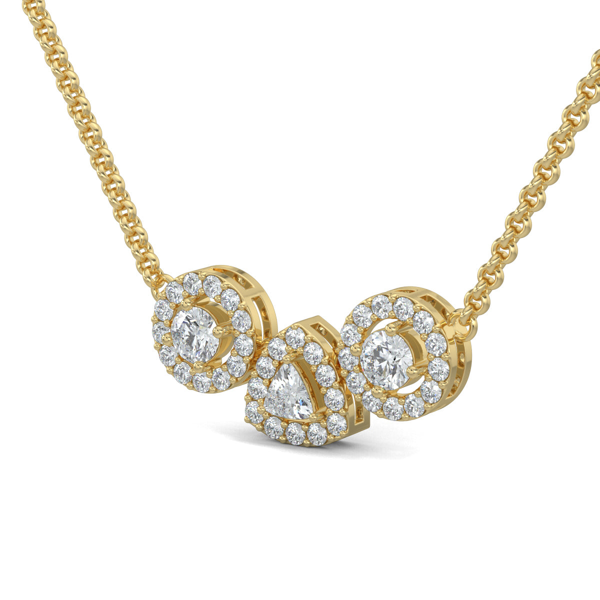Yellow Gold, Diamond Pendant, Natural diamond pendant, Lab-grown diamond pendant, Harmony Halo Pendant, casual pendant, pave setting diamonds, halo setting diamonds, interconnected circles, triangle pendant, everyday jewelry