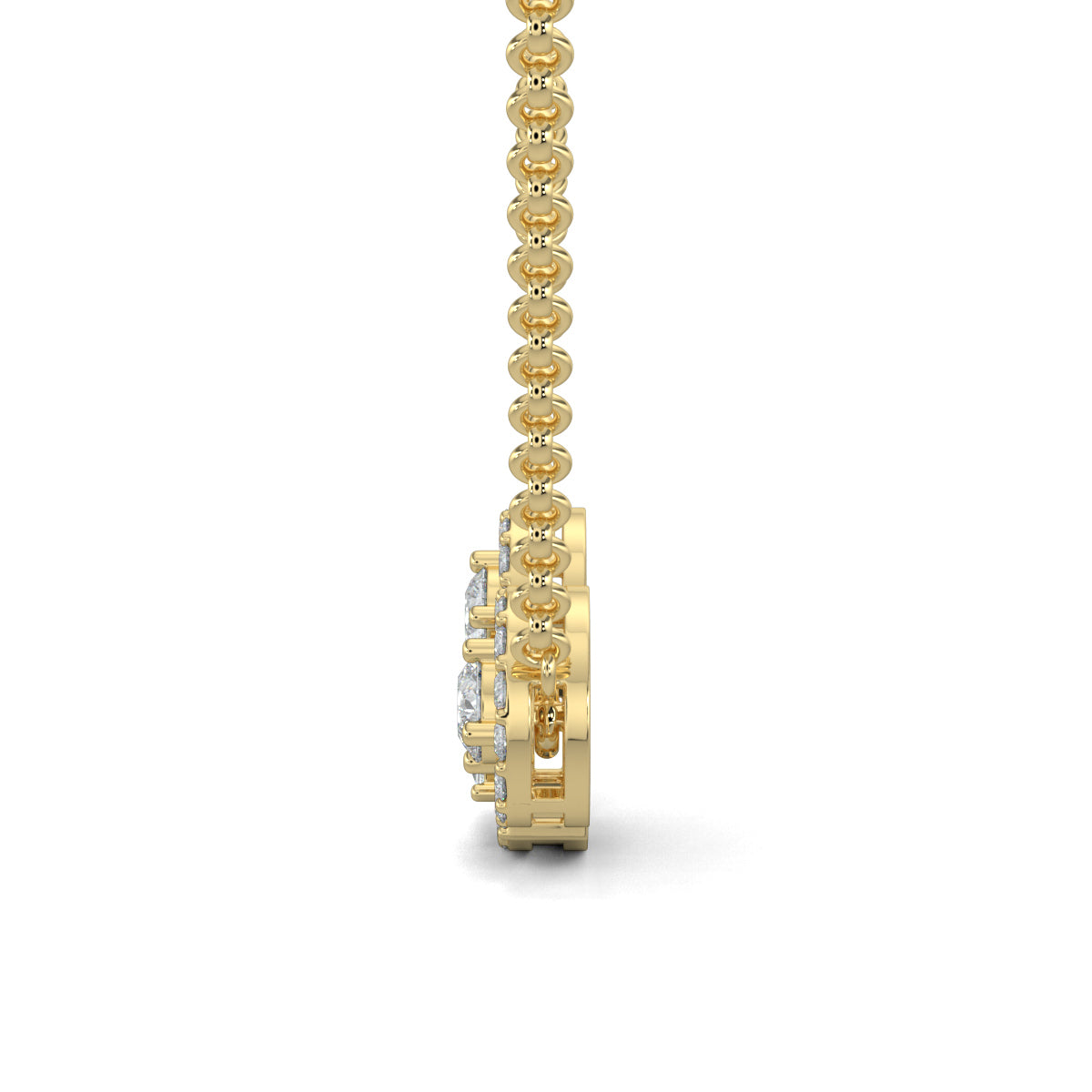 Yellow Gold, Diamond Pendant, Natural diamond pendant, Lab-grown diamond pendant, Harmony Halo Pendant, casual pendant, pave setting diamonds, halo setting diamonds, interconnected circles, triangle pendant, everyday jewelry
