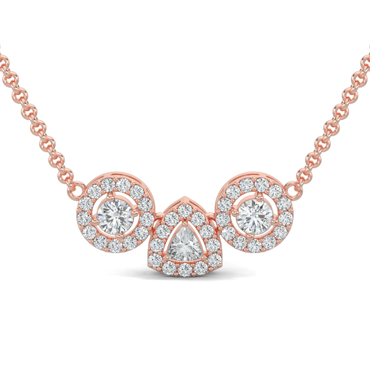 Rose Gold, Diamond Pendant, Natural diamond pendant, Lab-grown diamond pendant, Harmony Halo Pendant, casual pendant, pave setting diamonds, halo setting diamonds, interconnected circles, triangle pendant, everyday jewelry