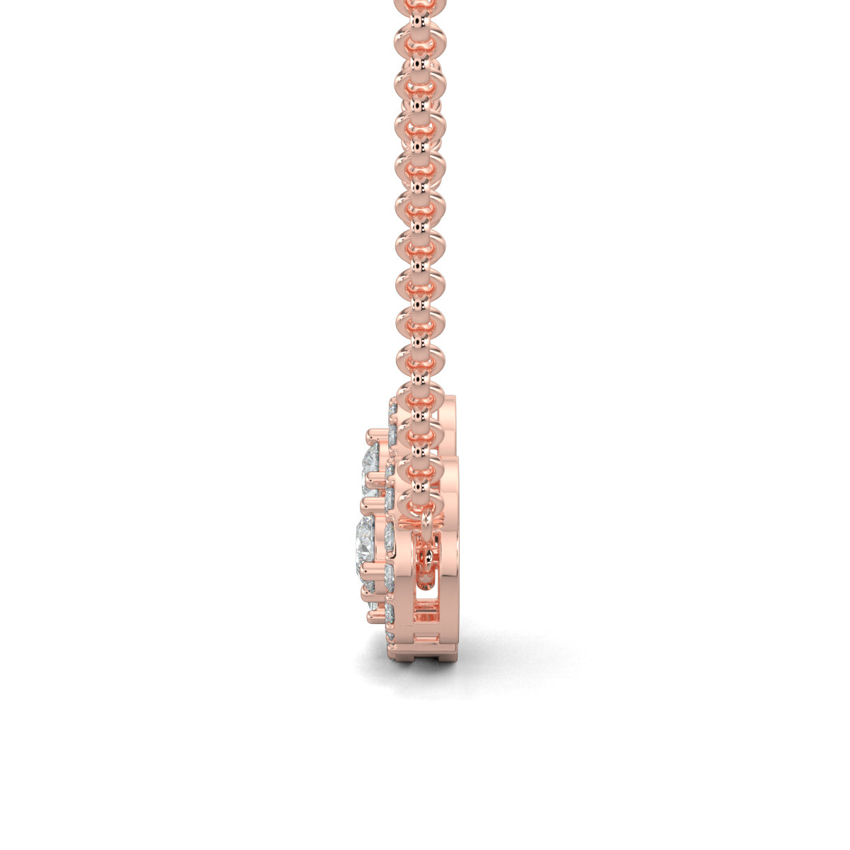 Rose Gold, Diamond Pendant, Natural diamond pendant, Lab-grown diamond pendant, Harmony Halo Pendant, casual pendant, pave setting diamonds, halo setting diamonds, interconnected circles, triangle pendant, everyday jewelry