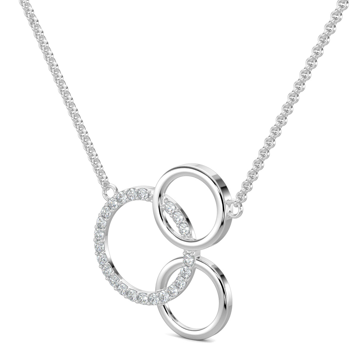 White Gold, Diamond Pendants, Circle Triad Pendant, Natural Diamonds, Lab-Grown Diamonds, Contemporary Pendant, Interconnected Circles, Sparkling Diamonds, Polished Metal Finish