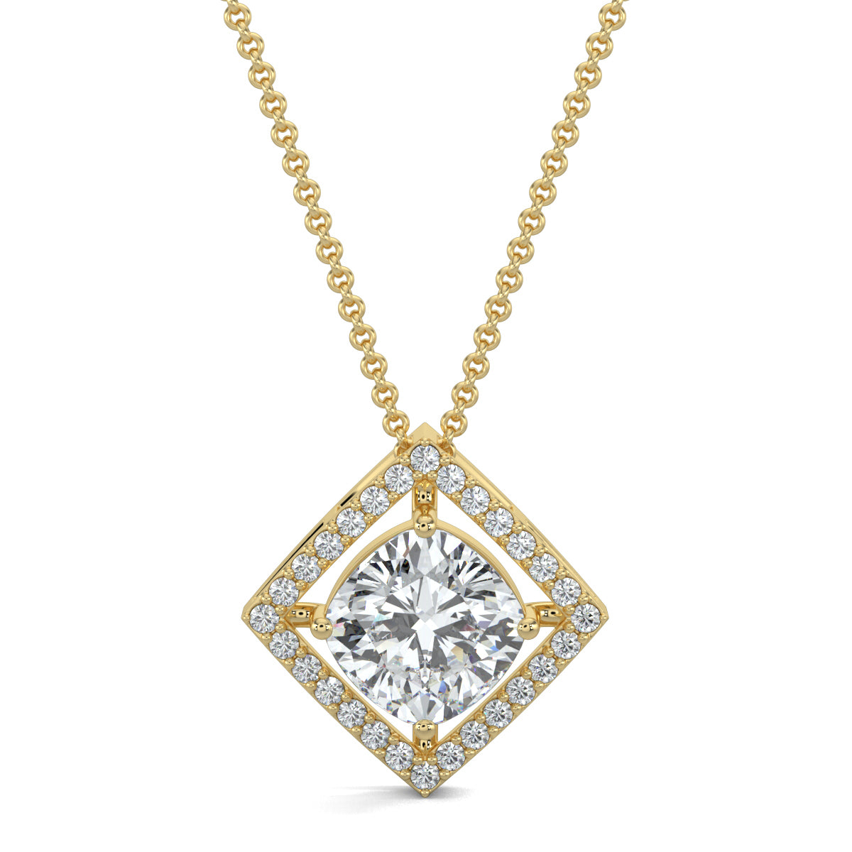 Yellow Gold, Diamond Pendant, Natural Diamonds, Lab-grown Diamonds, Halo edge square pendant, diamond pendant, square pendant, round diamond border, halo setting pendant