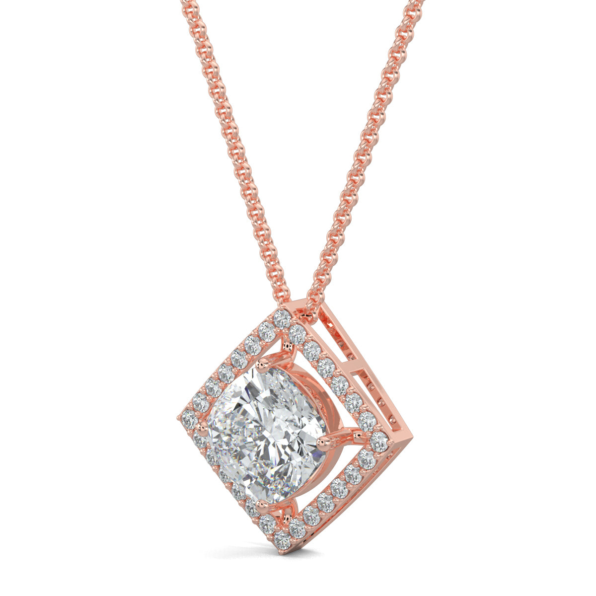 Rose Gold, Diamond Pendant, Natural Diamonds, Lab-grown Diamonds, Halo edge square pendant, diamond pendant, square pendant, round diamond border, halo setting pendant