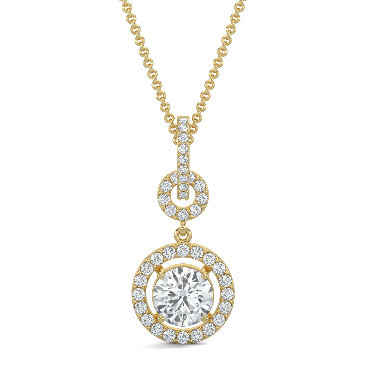 Yellow Gold, Diamond Pendant, Natural Diamonds, Lab-grown Diamonds, Sparkling Twin Circle Pendant, Round Diamond Border, Halo Setting