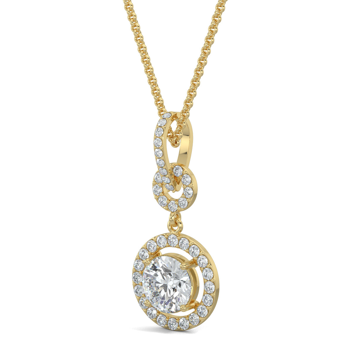 Yellow Gold, Diamond Pendant, Natural Diamonds, Lab-grown Diamonds, Sparkling Twin Circle Pendant, Round Diamond Border, Halo Setting