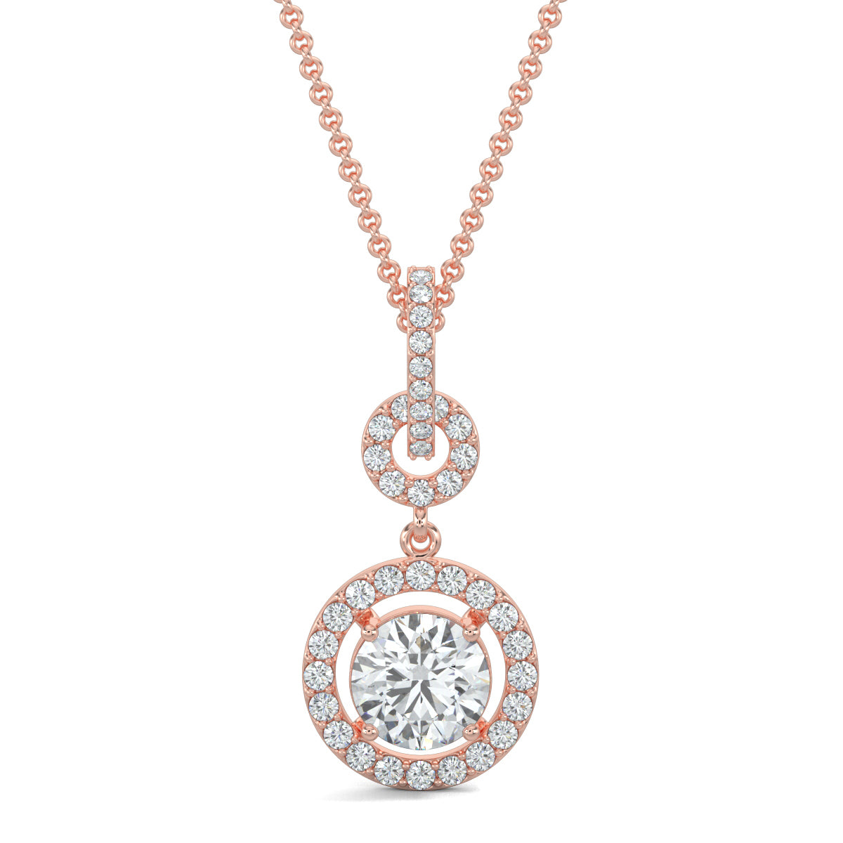 Rose Gold, Diamond Pendant, Natural Diamonds, Lab-grown Diamonds, Sparkling Twin Circle Pendant, Round Diamond Border, Halo Setting