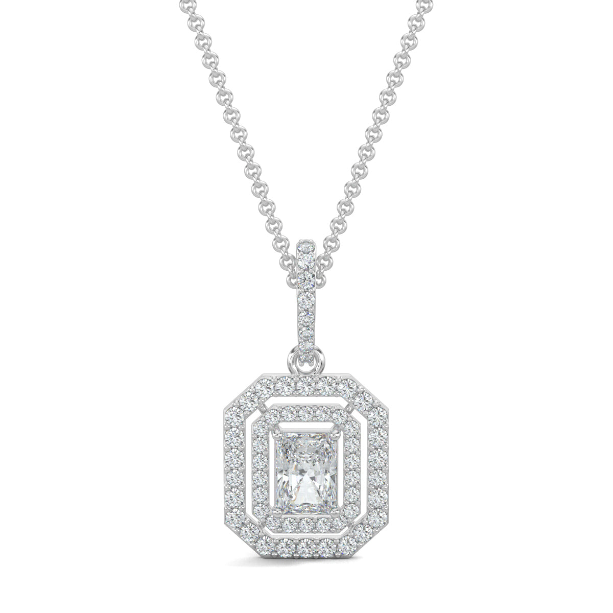 White Gold, Diamond Pendant, Natural Diamonds, Lab-grown Diamonds, Divine Spark Pendant, Emerald shape pendant, Round diamond border pendant, Radiant diamond pendant, Halo setting pendant, Casual diamond pendant