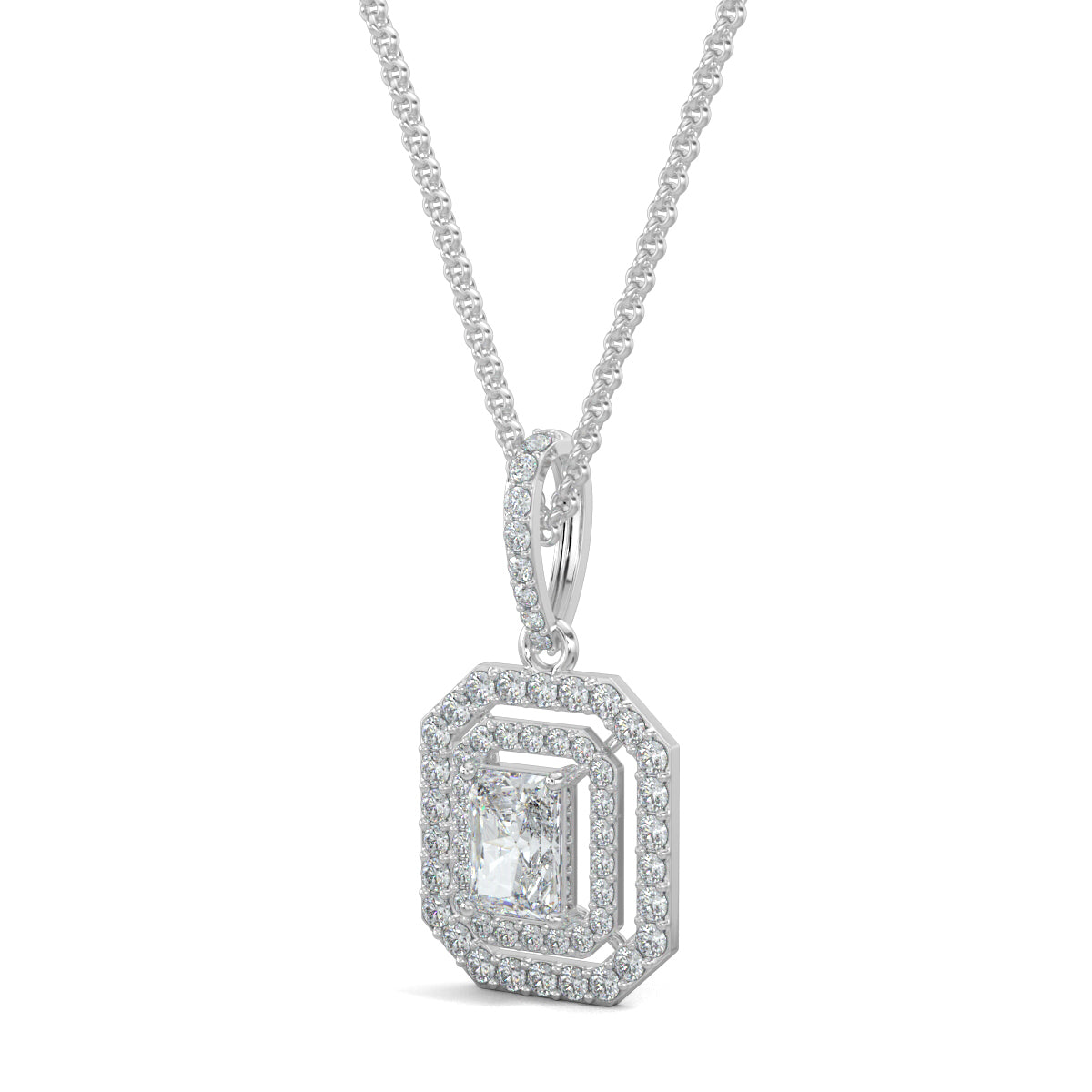 White Gold, Diamond Pendant, Natural Diamonds, Lab-grown Diamonds, Divine Spark Pendant, Emerald shape pendant, Round diamond border pendant, Radiant diamond pendant, Halo setting pendant, Casual diamond pendant