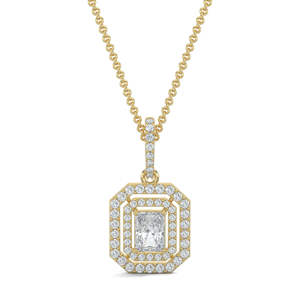 Yellow Gold, Diamond Pendant, Natural Diamonds, Lab-grown Diamonds, Lab-grown Diamonds, Divine Spark Pendant, Emerald shape pendant, Round diamond border pendant, Radiant diamond pendant, Halo setting pendant, Casual diamond pendant