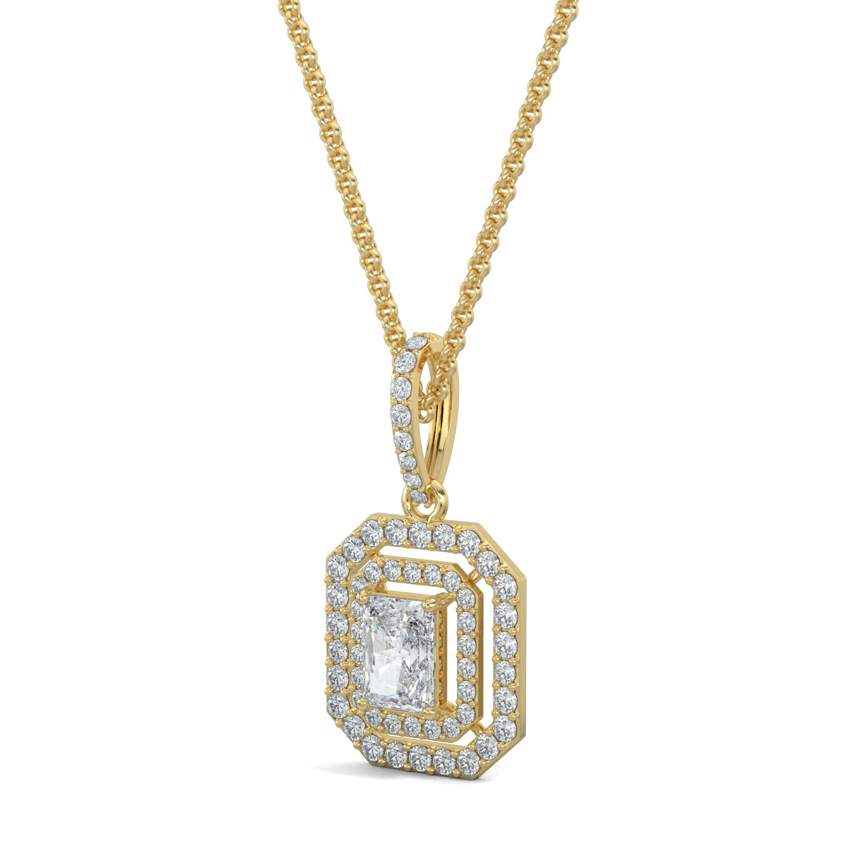 Yellow Gold, Diamond Pendant, Natural Diamonds, Lab-grown Diamonds, Divine Spark Pendant, Emerald shape pendant, Round diamond border pendant, Radiant diamond pendant, Halo setting pendant, Casual diamond pendant