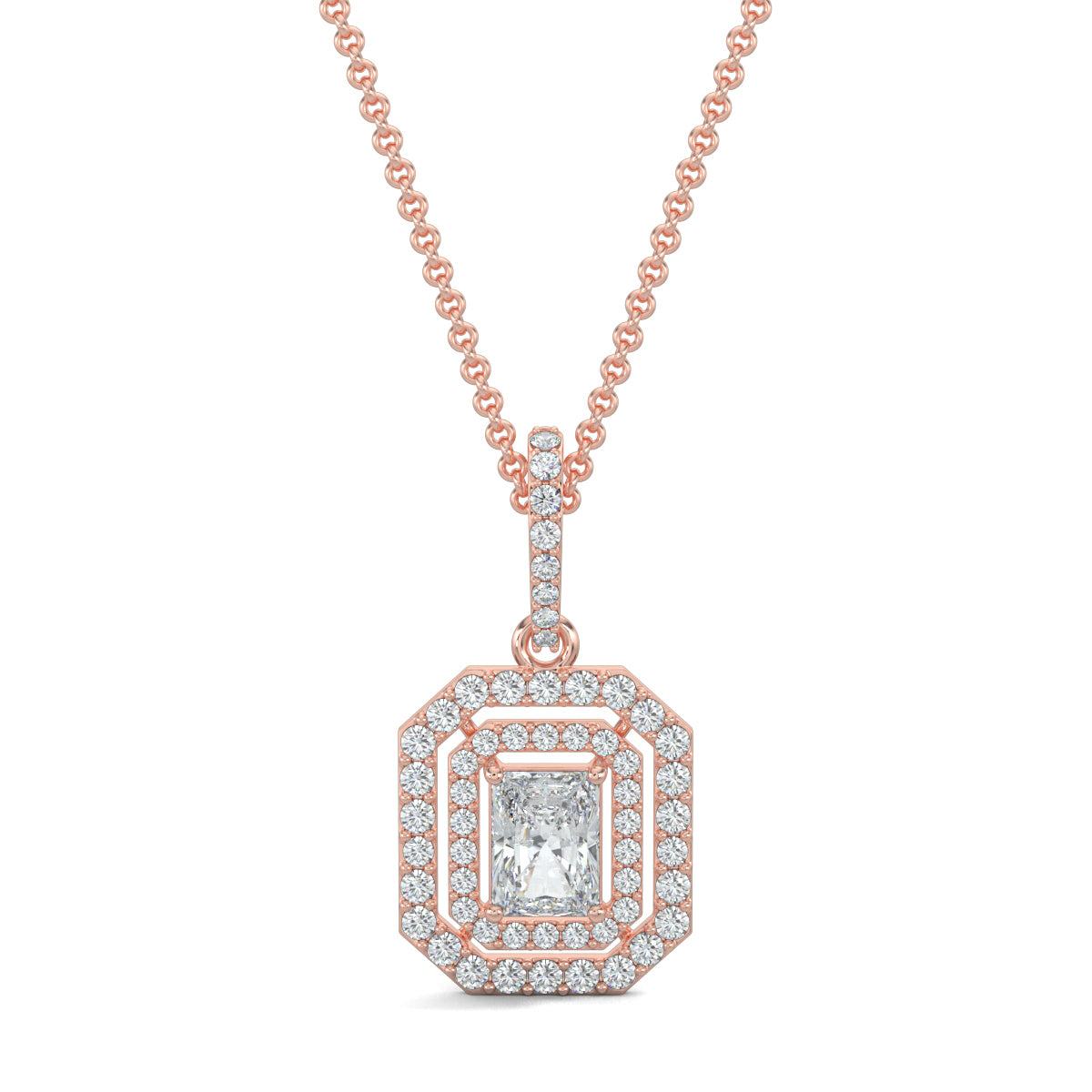 Rose Gold, Diamond Pendant, Natural Diamonds, Lab-grown Diamonds, Divine Spark Pendant, Emerald shape pendant, Round diamond border pendant, Radiant diamond pendant, Halo setting pendant, Casual diamond pendant