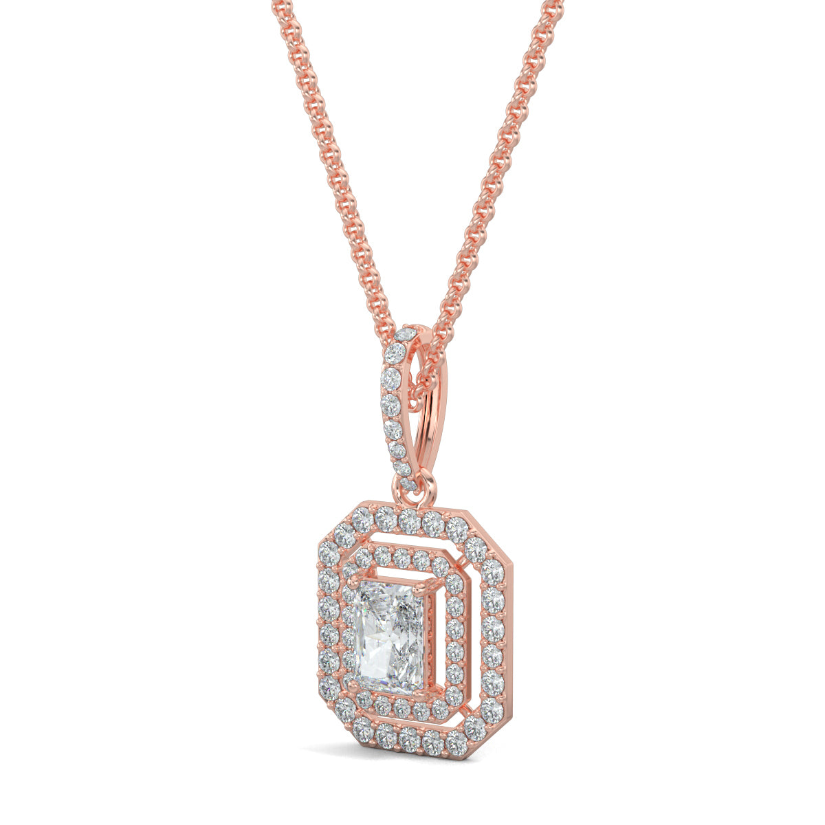Rose Gold, Diamond Pendant, Natural Diamonds, Lab-grown Diamonds, Divine Spark Pendant, Emerald shape pendant, Round diamond border pendant, Radiant diamond pendant, Halo setting pendant, Casual diamond pendant