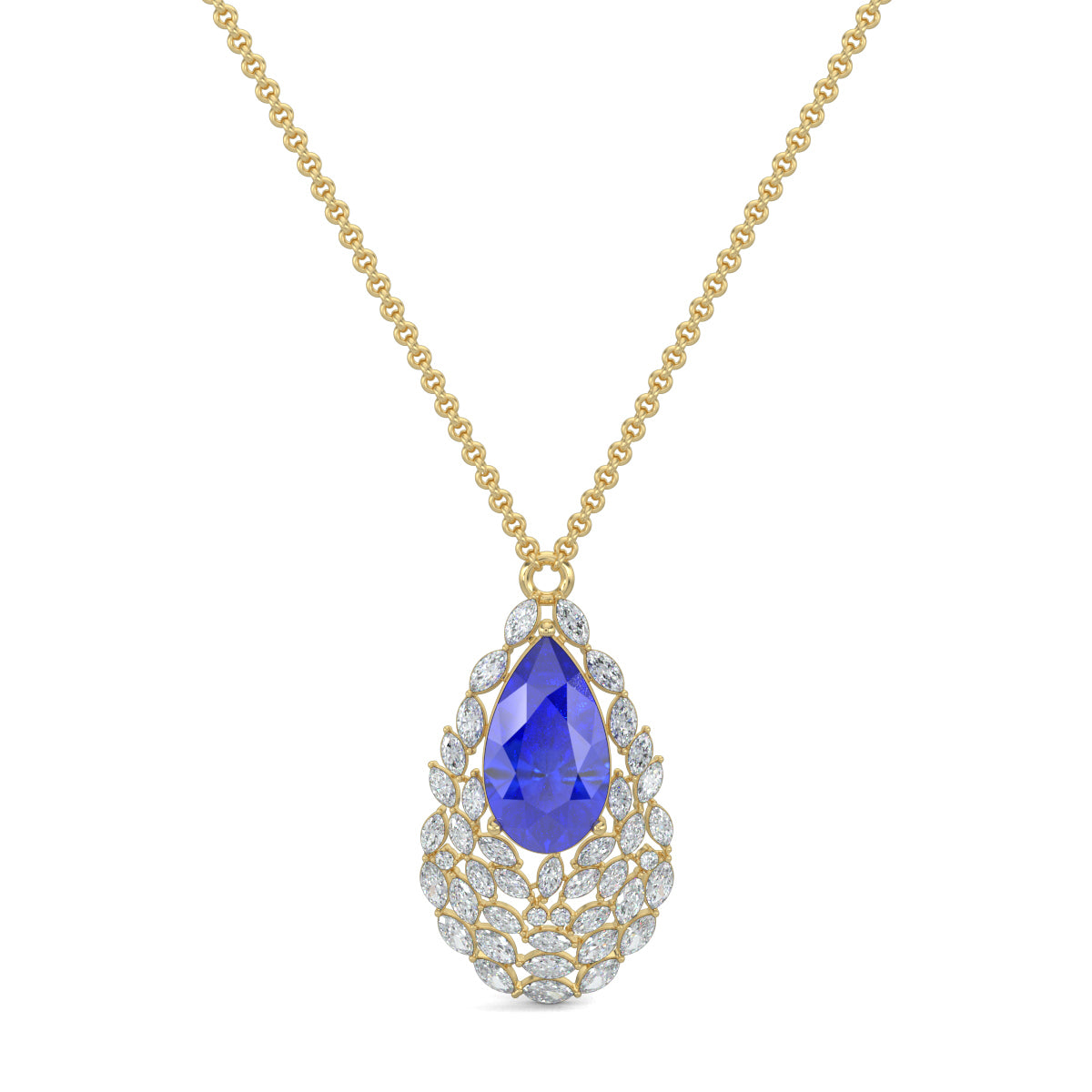 Yellow Gold, Diamond Pendants, Azure Gleam Pendant, Lab-Grown Blue Sapphire, Pear Shape Pendant, Marquise Diamonds, Jewelry, Fashion Accessories, Casual Pendant, Luxury, Elegant