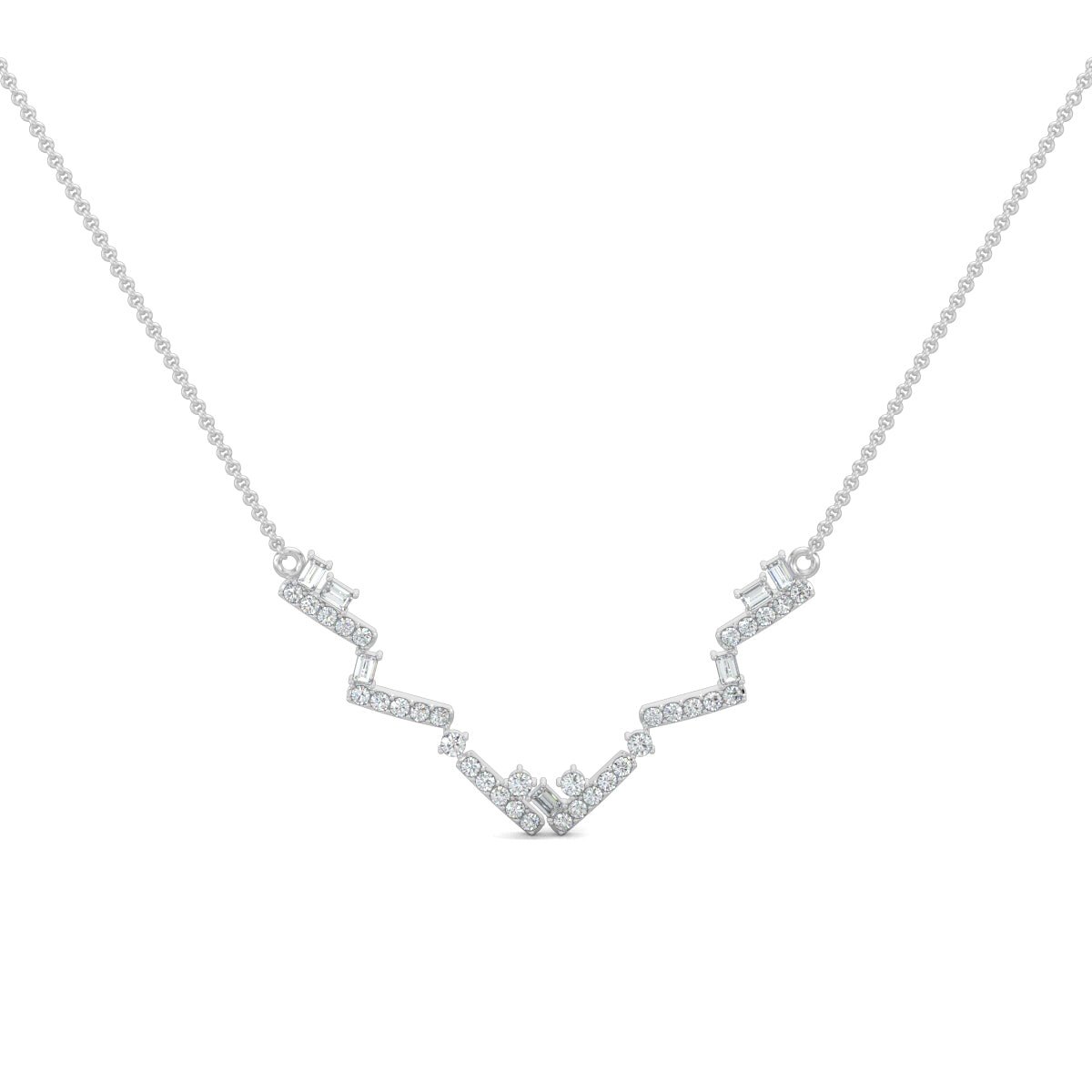 White Gold, Diamond Pendants, natural diamonds, lab-grown diamonds, zigzag pendant, pave setting, round diamonds, baguette cut stones, contemporary jewelry, casual pendant