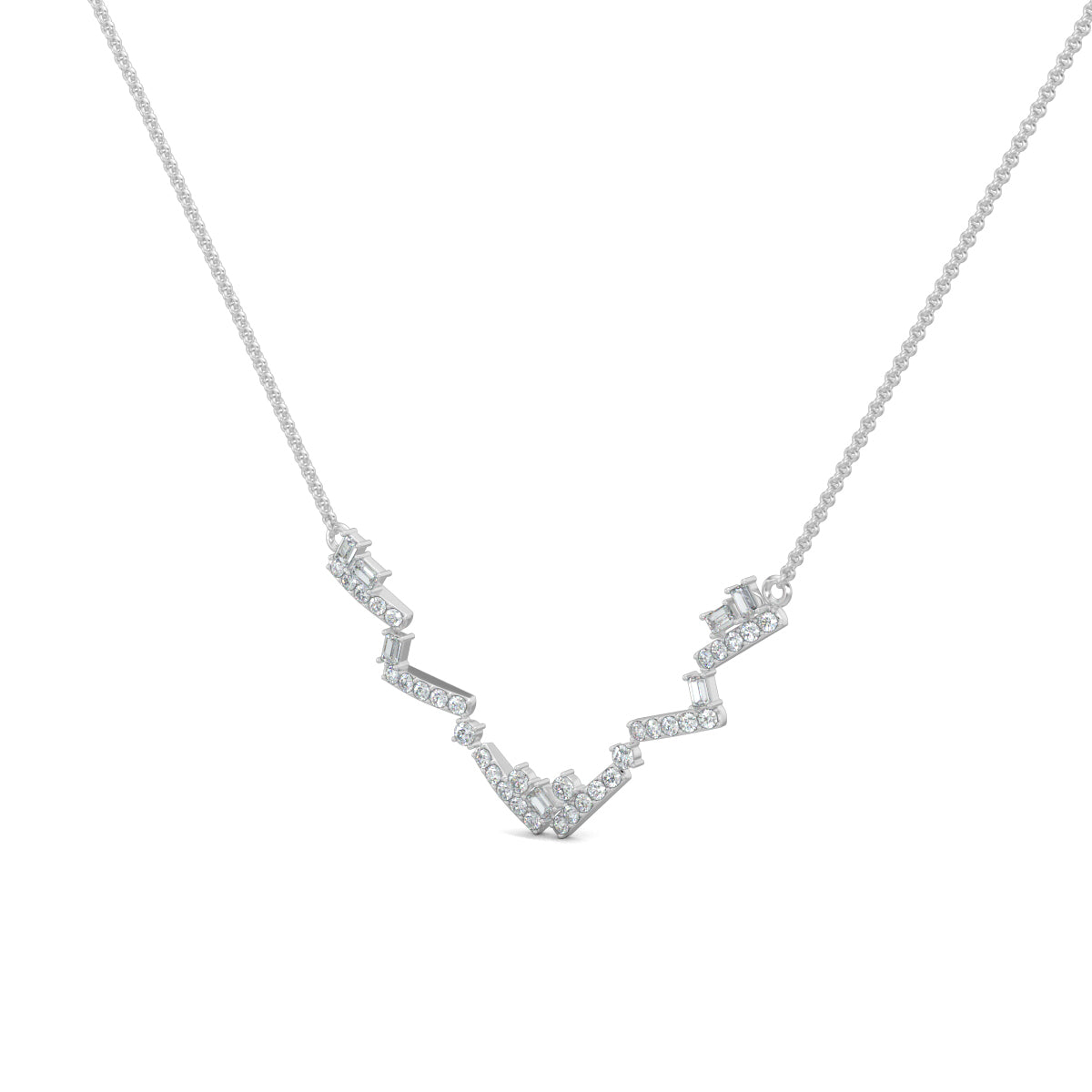 White Gold, Diamond Pendants, natural diamonds, lab-grown diamonds, zigzag pendant, pave setting, round diamonds, baguette cut stones, contemporary jewelry, casual pendant