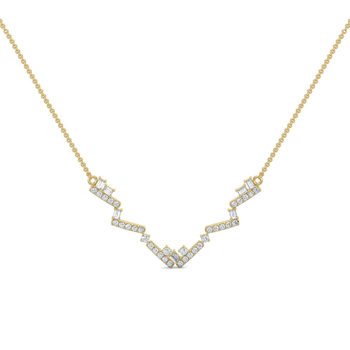 Yellow Gold, Diamond Pendants, natural diamonds, lab-grown diamonds, zigzag pendant, pave setting, round diamonds, baguette cut stones, contemporary jewelry, casual pendant