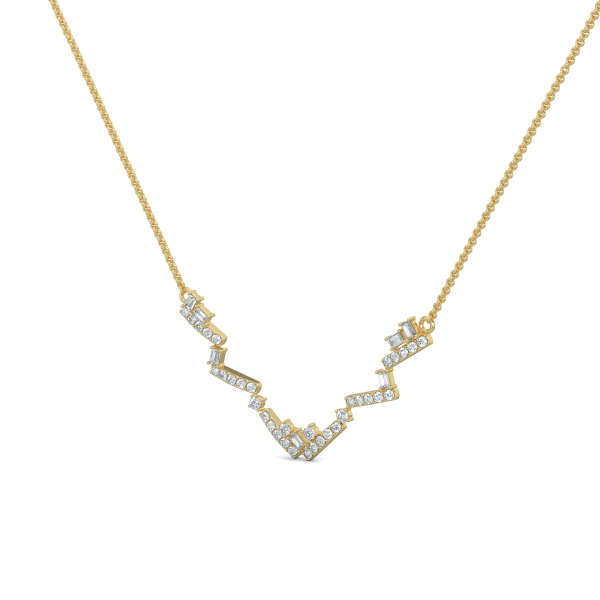 Yellow Gold, Diamond Pendants, natural diamonds, lab-grown diamonds, zigzag pendant, pave setting, round diamonds, baguette cut stones, contemporary jewelry, casual pendant